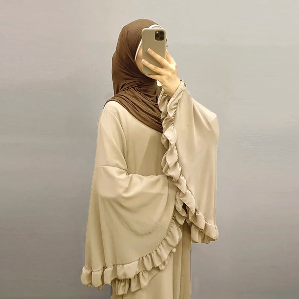 Flowy Abaya Big Ruffle Sleeve Islamic Clothing Muslim Women Zip Maxi Dress Flare Cuff Modest Shiny Soft Velvet Satin Cloth