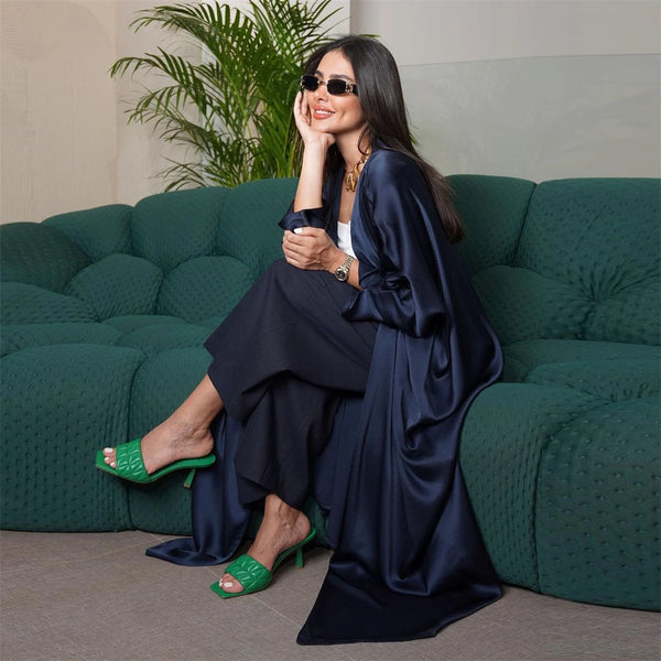 Bat Sleeve Open Abaya Cardigan Silk Satin Women Muslim Maxi Dress Turkey Arabic Kaftan Dubai Long Robe Kaftan