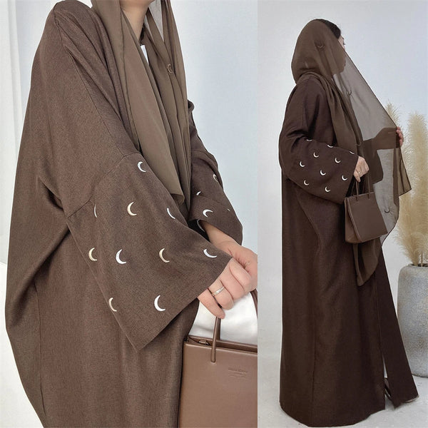 Abaya Kaftan Modest Solid Moon Embroidery Batwing Sleeves Open Kimono Muslim Women Islamic Clothing Hijab Outwear Ramadan