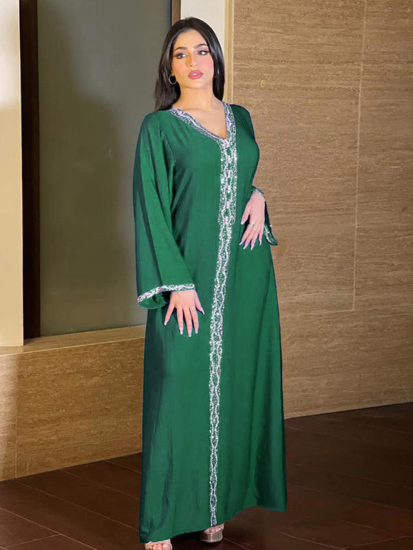 Arabic Abaya Dress for Women Kaftan Jalabiya With Rhinestone Ribbon
