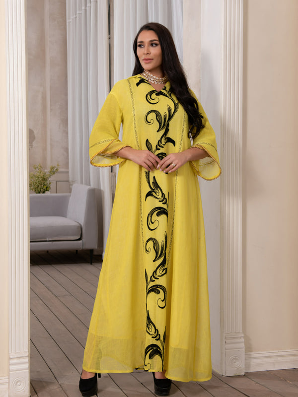Ramadan Ethnic Embroidery Hooded Abaya Dress for Women Bead Arabic Dubai Turkey Moroccan Kaftan Muslim Clothing Yellow Eid 2021