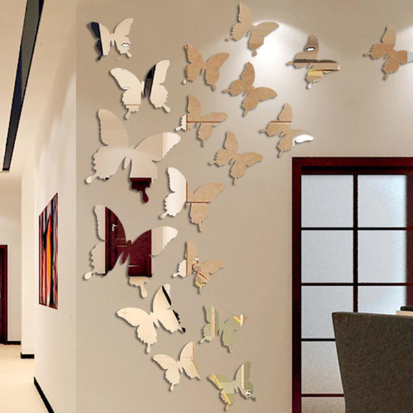 12 Stereoscopic Mirror Butterflies Fashion Creative Mirror Butterfly Wall Stickers Bedroom Living Room Decorative Stickers