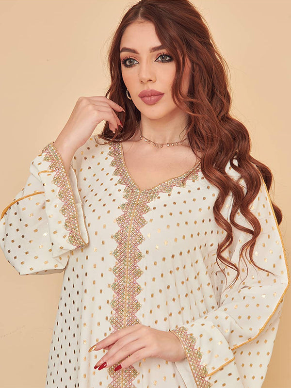 Bronzing Large Skirt Dress Muslim Dubai Lace Gold Print Robe Women Turkish Moroccan Robe Middle East Muslim Women