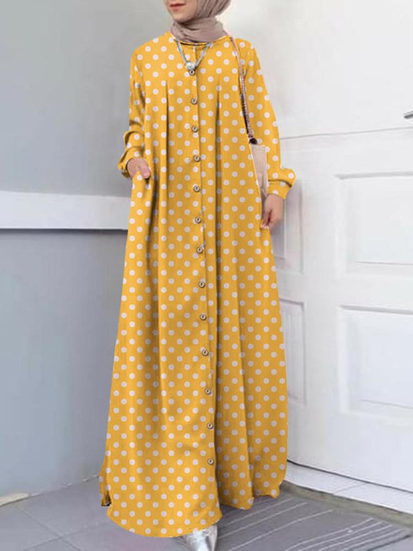 ZANZEA Women Muslim Dresses Abaya Kaftan Polka  Print O-Neck Long Sleeve Vintage Long Dress Fashion Holiday Casual Loose Ladies Vestido Plus Size