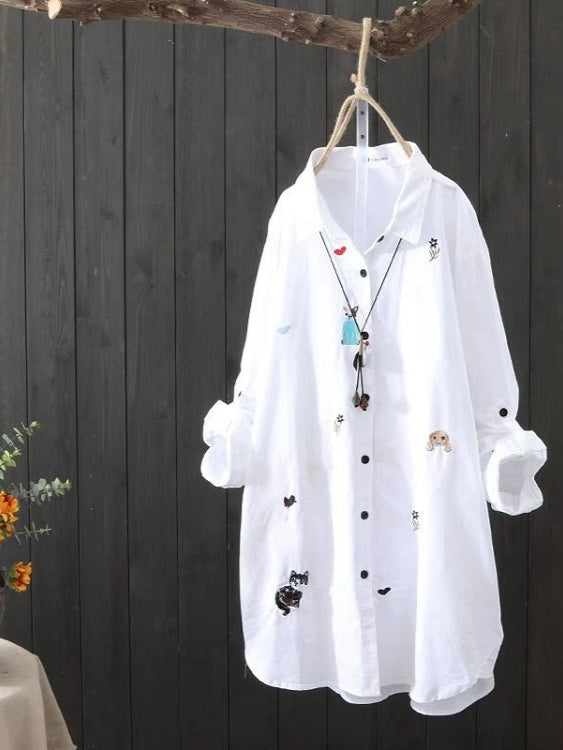 Pure cotton plus size new 2020 embroidery mid-length loose literary fan  thin sleeves women's white shirt