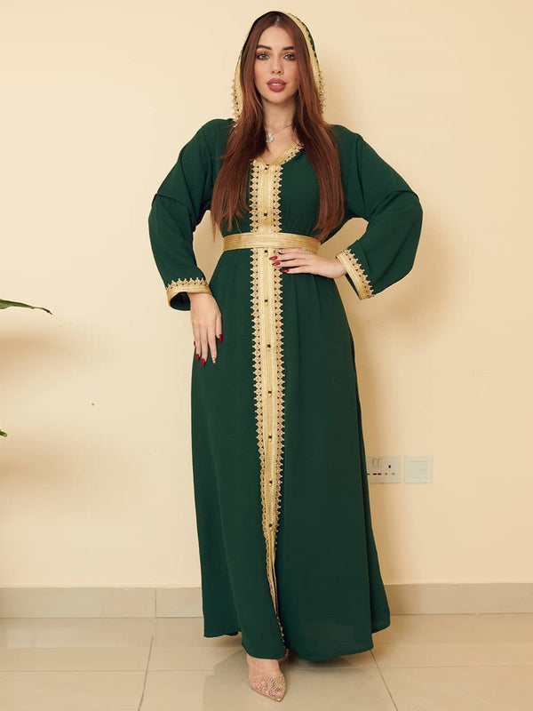 Women's Jalabiya Ramadan Green Hooded Ethnic Muslim Fashion Dress Kaftan Abaya Dubai Turkey Moroccan Arabic Clothes