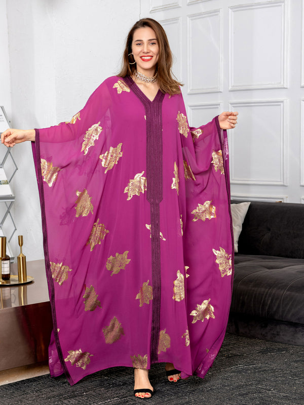 Gold Stamping Batwing Sleeve Abaya Dress for Women Ethnic Ribbon V Neck Robe Europe and America Middle East Dubai Clothes 2022