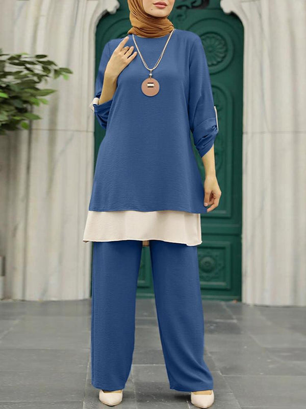 Two Piece Sets Womens Outifits Vintage Patchwork Blouse Suits 2PCS Muslim Sets Casual Abaya Hijab Trousers Sets Tracksuit