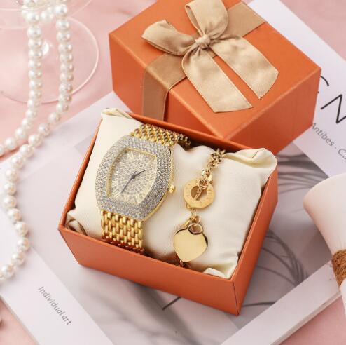 Ladies Watch Set Fashion 2 Pieces Full Diamond Exaggerated Quartz Watch Titanium Steel OT Buckle Bracelet