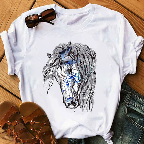 2021 spring women's short-sleeved T-shirt new art horse print cross-border AliExpress one drop delivery