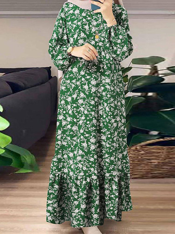 ZANZEA Women Muslim Dresses Abaya Kaftan Floral Print O-Neck Long Sleeve Vintage Long Dress Fashion Casual Loose Ladies Vestido Plus Size Without Belt