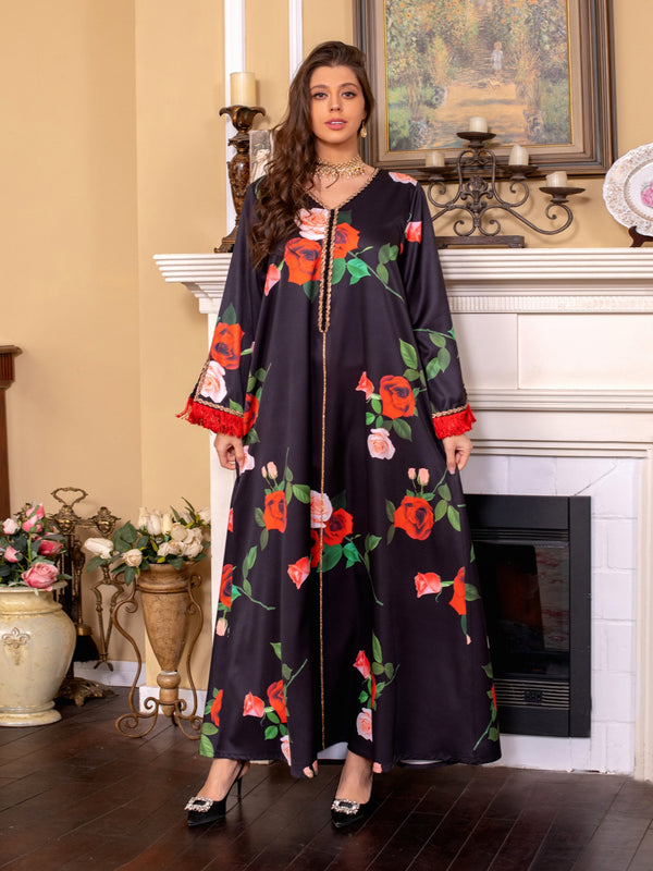 2023 Summer New Muslim Rose Print Pattern Middle East Robe Handmade Twist Drill Hot Drill Fashion Dress Ladies Robe