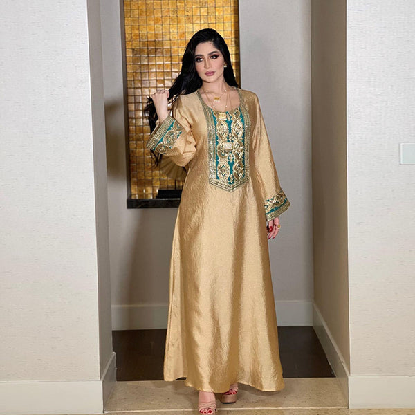 New abaya gold silk embroidery sequin middle east muslim robe dress