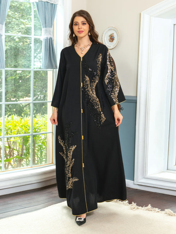abaya Arab Dubai Muslim women's black sequin embroidery long-sleeved  dress loose dress Eid al-Adha new long skirt