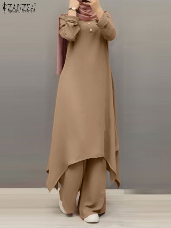 ZANZEA 2PCS Women Muslim Dubai Turkey Abaya Hijab Sets Fashion Long Sleeve Solid Long Tops Wide Leg Pants Suits Islamic Clothing