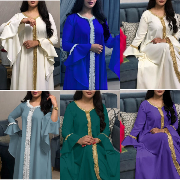 Jalabiya Kaftan Dress For Women Dubai Turkey Golden Ribbon Embroidery Loose Butterfly Sleeve Muslim Arabic Islamic Clothing