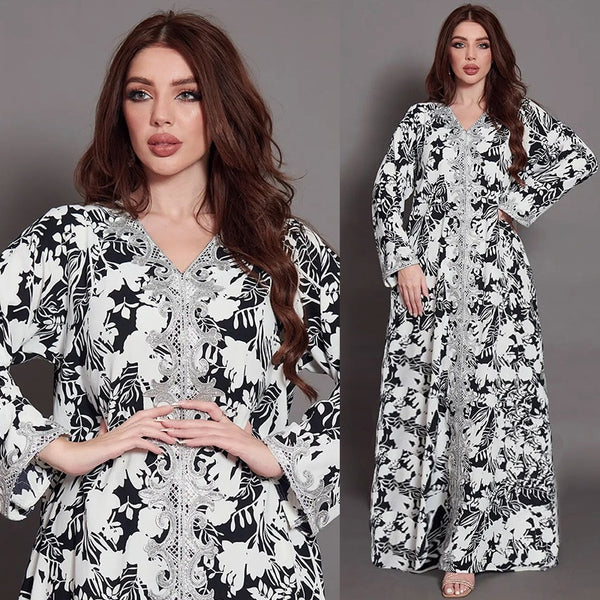 Ab229 2023 Arabic Fashion Nation Women's Robe Black and White Printed Stitching Lace Large Swing Dress Robe Femme Musulmane