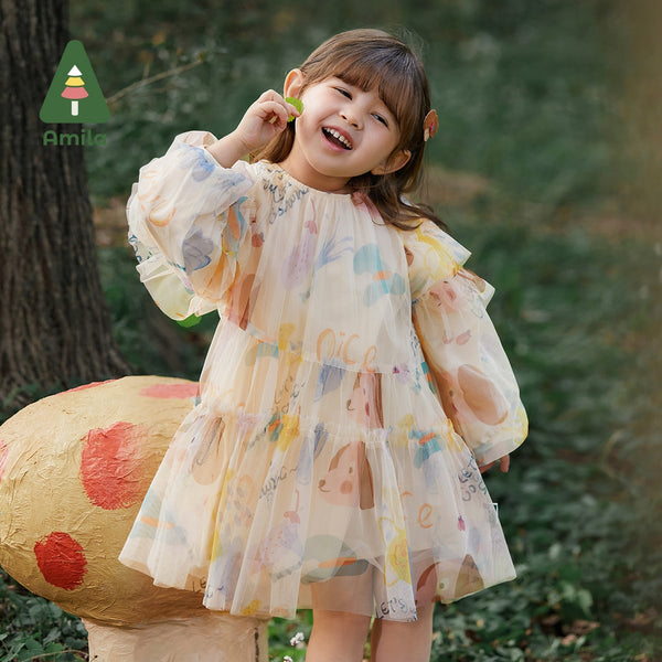 Amila Baby Girls Dress 2023 Spring New Original Full Printing Mesh Poncho Princess Dresses for 0-6 Years Kids Brand Clothes