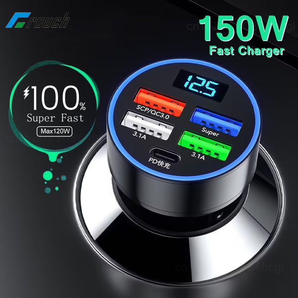 5 Ports 150W Car Charger Fast Charging PD QC3.0 USB C Car Phone Charger Type C Adapter in Car For iphone Samsung Huawei Xiaomi
