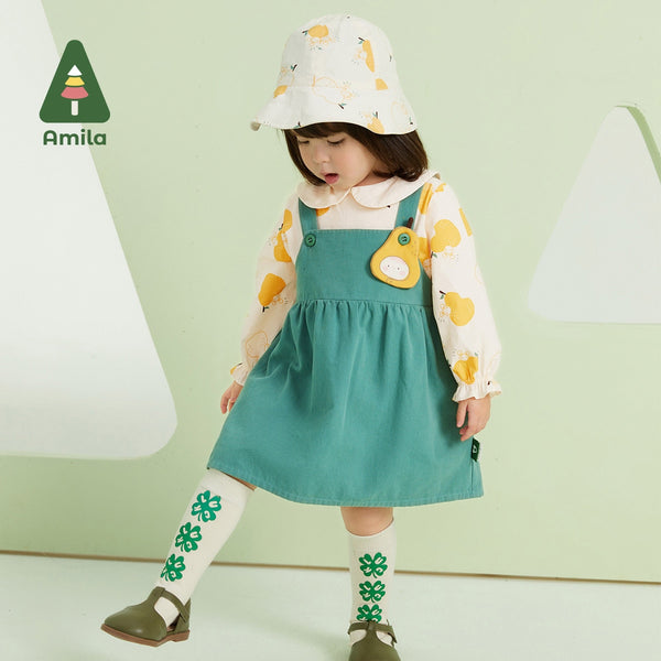 Amila Baby Girls Dress Sets 2023 Spring New 100% Cotton Long Sleeves Shirt+Suspenders Fashion Suit Cute Children Clothes