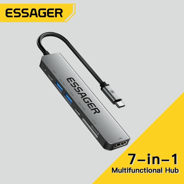 Essager USB C Hub 7 In 1 Type C 3.1 To 4K HDMI Adapter with RJ45 SD/TF Card Reader PD Fast Charge for MacBook Laptop Computer
