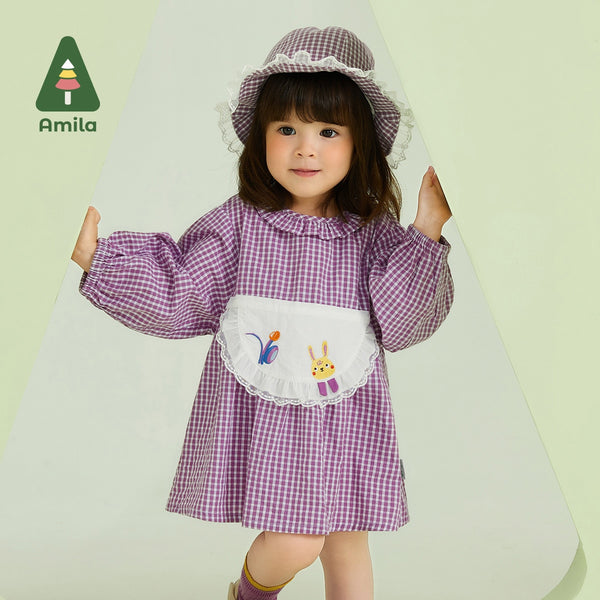Amila Baby Girl Dress 2023 Spring New 100% Cotton A-Line Dresses for Girls Plaid Sweet Fashion Patchwork Children Clothes