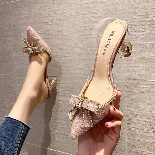 2021 spring and summer new European and American sexy pointed bow high heels net red rhinestone sandals hollow word transparent belt women's shoes