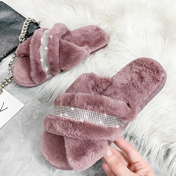 Hairy slippers, open-toed flat-bottomed slippers, home interior ins net celebrities with rhinestones 2020 new fashion lazy outer wear students glittering cross-flip sew bright diamond plus velvet cotton slippers