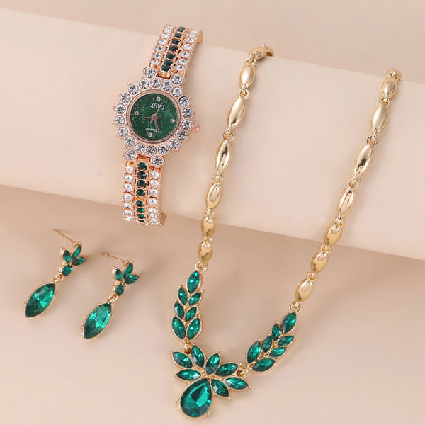 Emerald set sparkling rhinestone watch small and exquisite starry sky dial watch + earring necklace + chain 3pcs/set