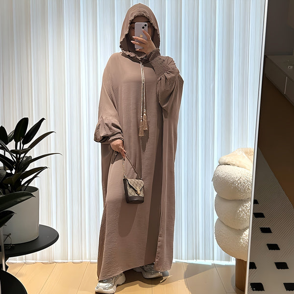 Elegant Abaya Style Polyester Shawl for Women - 100% Polyester Knit Yarn-Dyed Wrap, Weekend Casual, Windproof Decorative Long Robe with Hood - Machine Washable