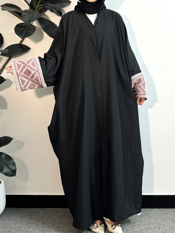 Embroidered Geometric Detail Abaya - Loose Fit Polyester Middle Eastern Islamic Robe with Long Sleeves for Women - All Season Solid Color Traditional Muslim Dress