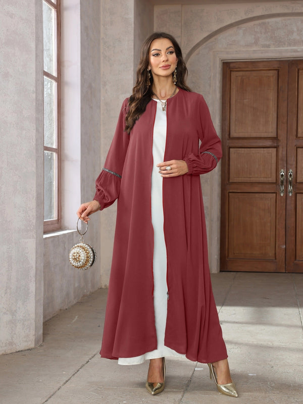 Elegant Rhinestone Embellished Polyester Abaya 6330-1 - Middle Eastern Style Solid Color Long Length Woven Dress with Long Sleeves for All Seasons