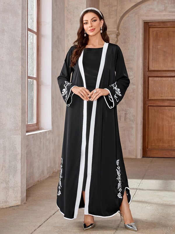Elegant Embroidered Black Abaya - Geometric Pattern Polyester Caftan with Long Sleeves for Women, Middle Eastern Style, Lightweight Woven Robe for Spring/Summer/Fall