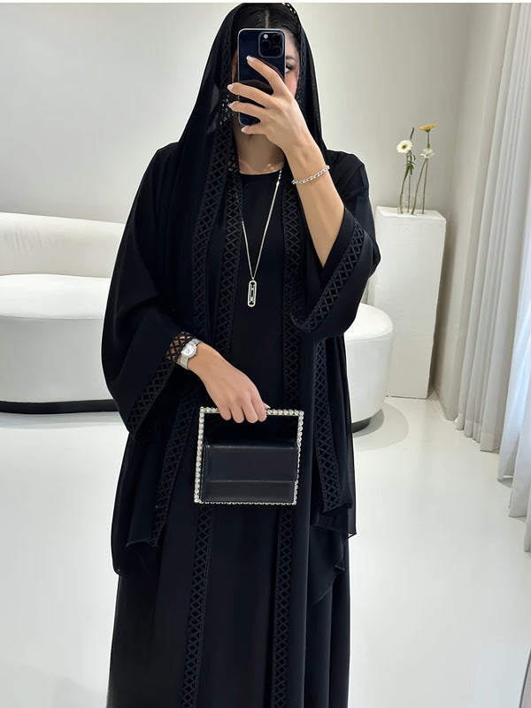 Elegant Black Abaya with Lace Trim, Sleeveless Dress & Chiffon Headscarf - Lightweight, Breathable, Perfect for Spring/Summer, Loose Fit, Long Length, Traditional Middle Eastern Attire, Spring Summer Attire | Elegant Abaya |