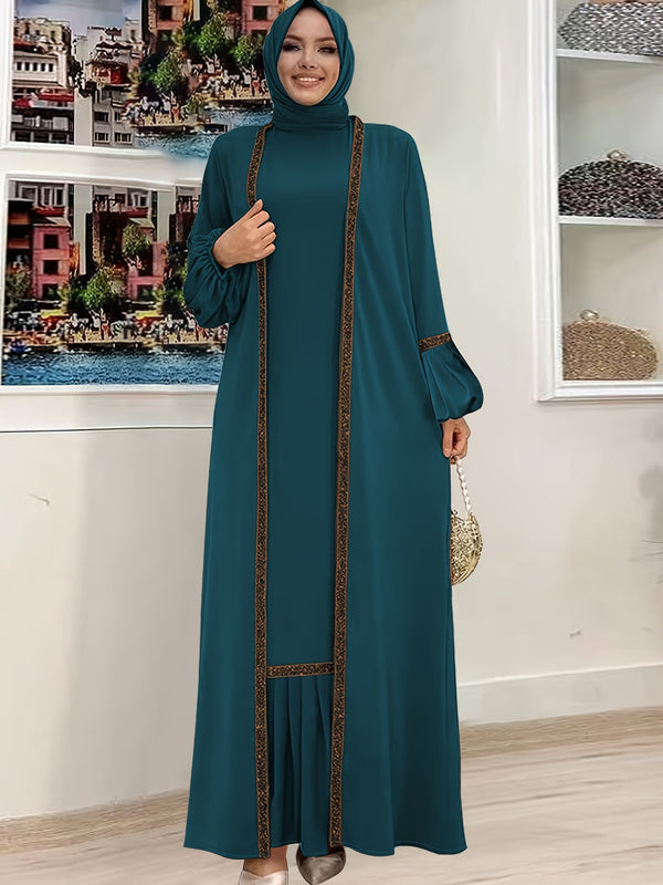 Two-Piece Abaya Set - Elegant Ruffle Hem Tank Dress with Lantern Sleeve Open Front Cardigan, Contrast Trim, Modest Fashion, Women's Clothing, Chic Outfit for Special Occasions