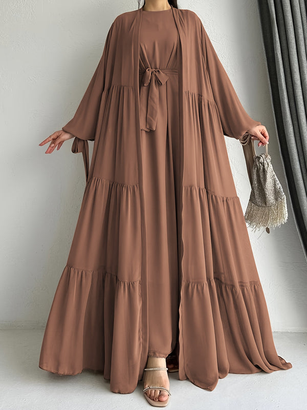 Stylish Crew Neck Long Sleeve Maxi Abaya Dress - Elegant Ruffle Hem, Cardigan Style, Soft Fabric, Modest Fashion, Women's Clothing for Everyday Wear