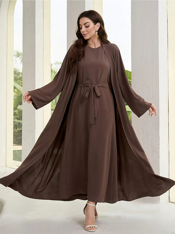Elegant Long Sleeve Middle Eastern Abaya Set - Solid Color Polyester Belted Maxi Dress - Women's Modest Fashion Kaftan for Spring/Summer/Fall - Woven Polyester 100% - Coffee Brown