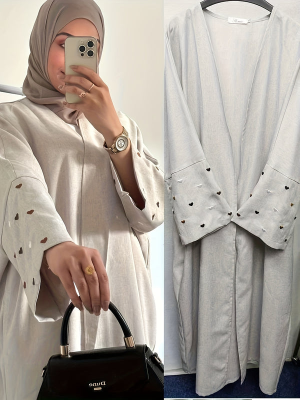 Ramadan Abaya For Women Loose Open Linen Dubai Luxury Abaya With Bat Sleeves Heart Embroidery Design Plain Kaftan No Hijab