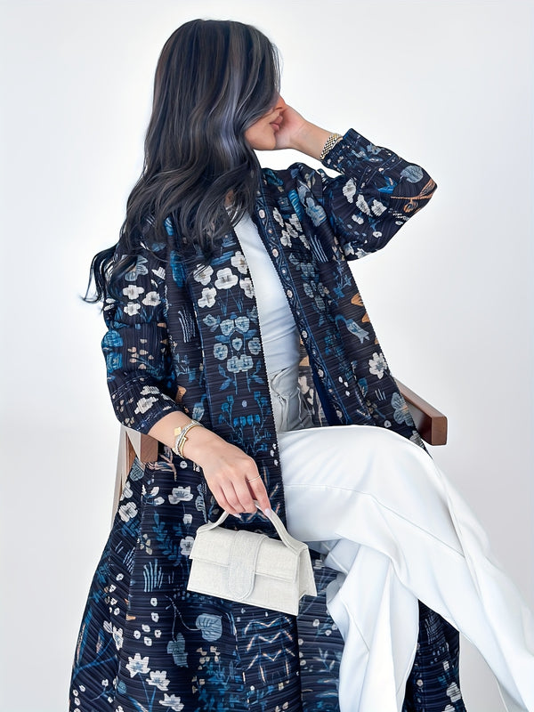 Women'S Plus Size Abaya - Flowing Blue Floral Print Long Robe with Pleated Detail, Loose Fit, Polyester, All-Season Wear, Traditional Middle Eastern Attire, Casual Wear | Middle Eastern Fashion | Pleated Abay