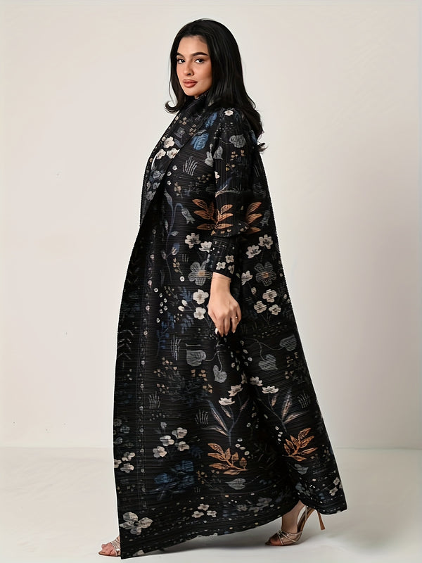 Issey Miyake-Inspired Floral Print Abaya Coat - High-Stretch Long Flowy Muslim Dress with Adjustable Waistband, Plus Size A-Line Silhouette, Machine Washable Ramadan Eid Clothing for Women, Four Seasons Versatile Middle Easte