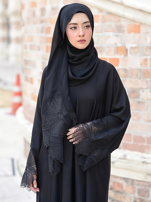 [Two-Piece Abaya Set Embroidered] Middle Eastern Inspired Abaya Set With Embroidered Edges, Polyester Fabric, Two-Piece Outfit With Hijab, All Seasons