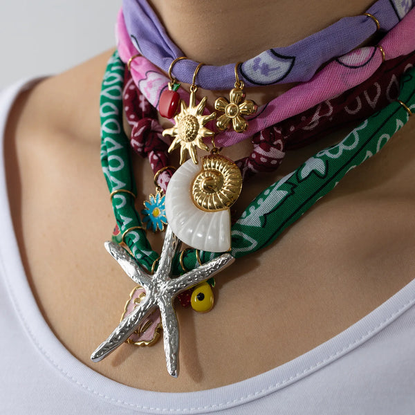 ins popular recommended handmade fabric silk necklace Ocean Style Scarf Necklace Stainless Steel Conch Starfish Pendant Necklace