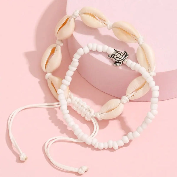 2PCS Personality Shell Rice Beads Anklets Set Braided Rope Bohemia Alloy Foot Jewelry Girl
