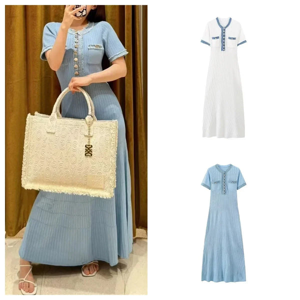 European and American style denim stitching knitted short-sleeved dress women's new high-end design long dress