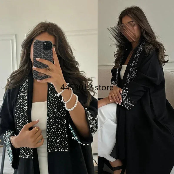 Black Diamonds Open Abaya Dubai Luxury Islamic Modest Clothes for Muslim Women Kimono Abayas Turkish Dresses Kaftan Robe Ramadan