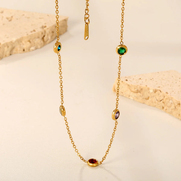 LUXUKISSKIDS Romantic Colorful Cubic Zirconia Clavicle Choker Necklace for Ladies/Woman Stainless Steel Golden Party Necklaces