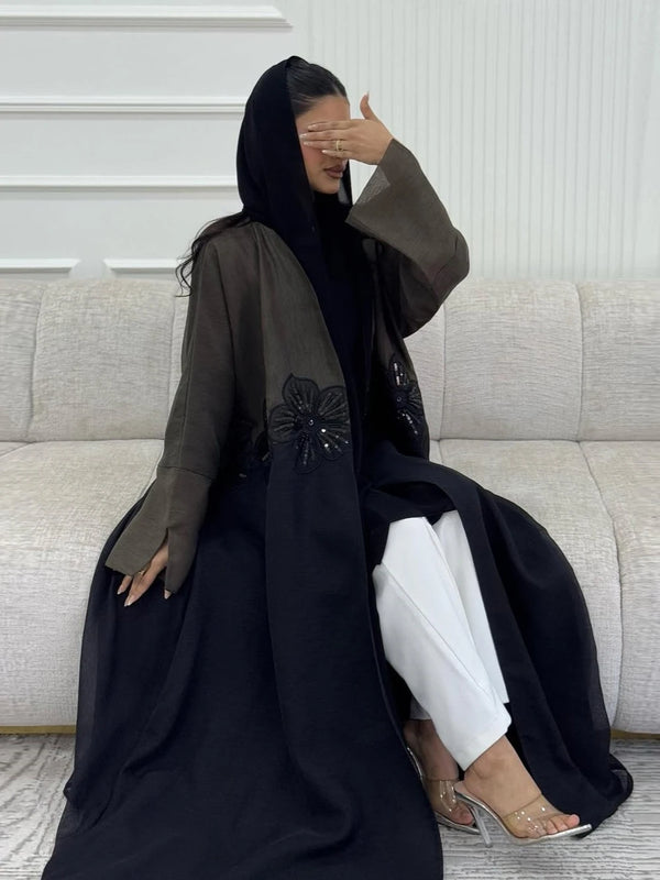 Modest Women Long Dress Abaya Muslim Cardigan Appliques Flower Dubai Kaftan Eid Ramadan Abayas Saudi Cardigan Robe Jalabiya 2024