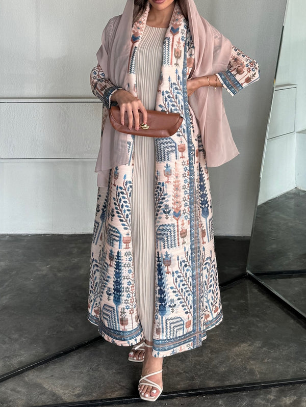 Women'S Elegant Blue & White Geometric Abaya, Breathable Loose Fit with Belted Waist, Perfect for Dubai Social Events, Commuting & Muslim Celebrations, Abaya Dress, Clothing, Sophisticated Style, Detailed Design