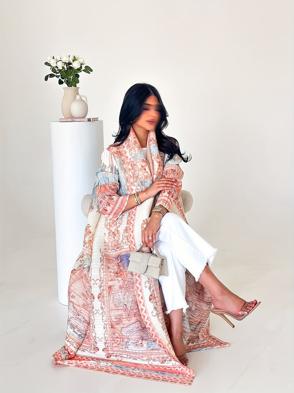 Elegant Pink Floral Print Pleated Abaya Kaftan for Women - Long Sleeve Maxi Dress with Belt, Loose Fit for Evening Parties, Proms, and Casual Chic Outfits, Prom Night Attire, Comfortable Fit