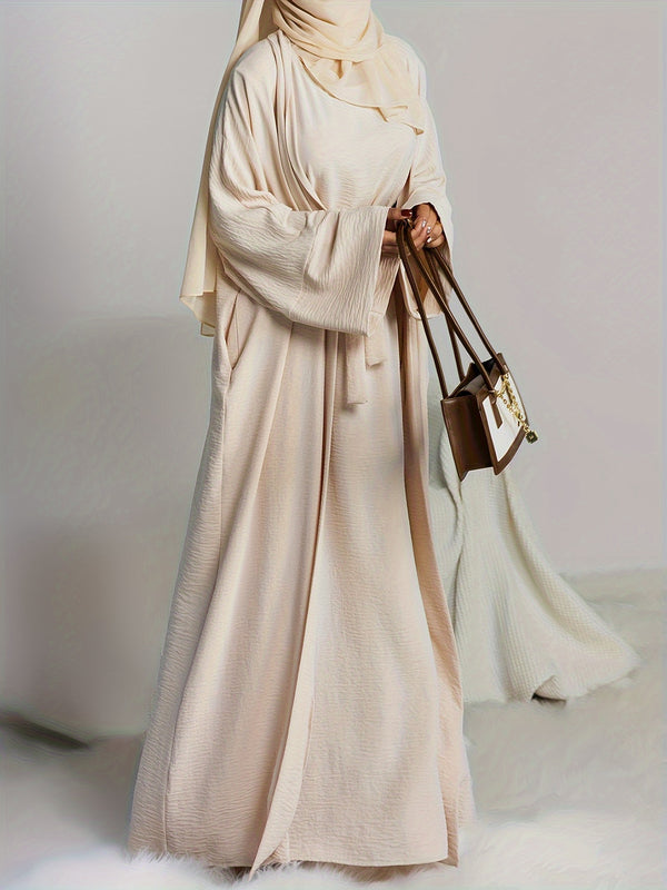 Elegant Women's Two-Piece Abaya Lounge Set - Long Sleeve Flowy Robe With Belt, Ideal For All Seasons